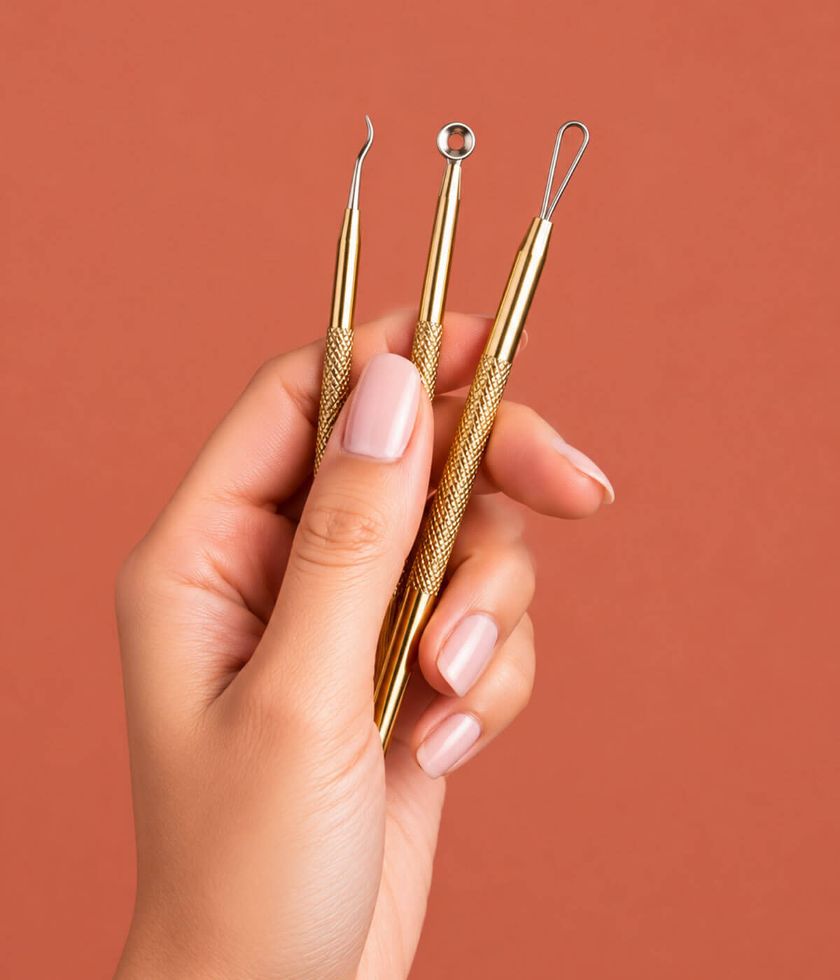 Hands holding rose gold acne extraction tools